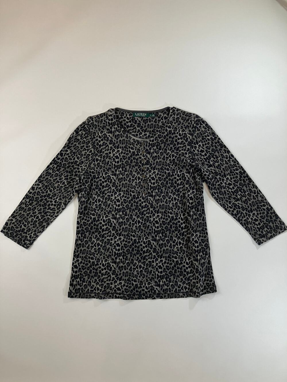 Lauren Ralph Lauren Women XL Leopard Print Henley Shirt Gray 3/4 Sleeve Top